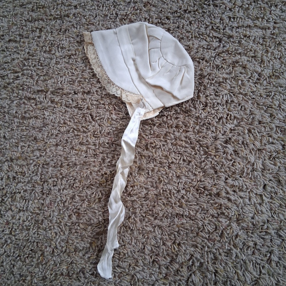 Antique Baby Bonnet‎ 1930s Cream Woven Lace Trim Christening Baptism Infant VTG